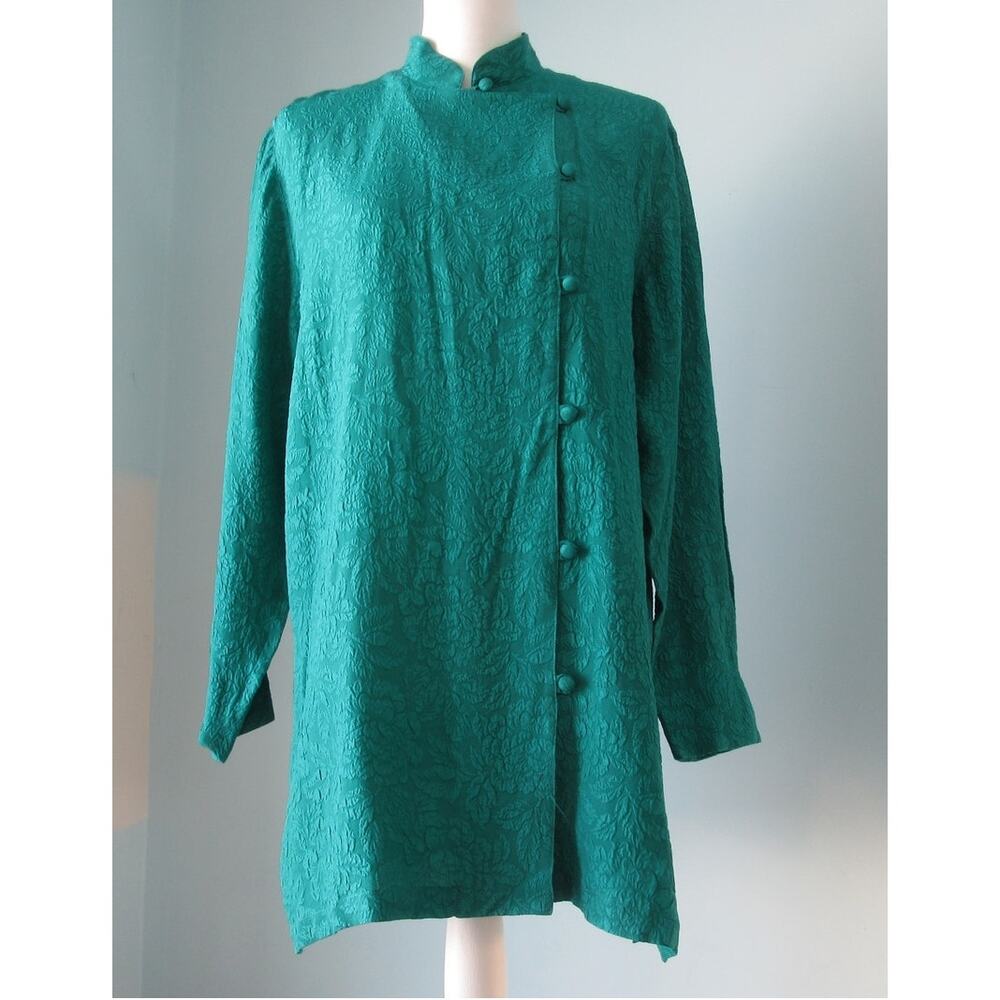 Yi Lin 100% Silk Floral Jacquard Mandarin Collar Long Sleeve Tunic Jade Size M